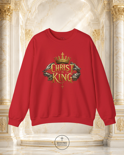 Red sweatshirt with 'Christ King' design on a decorative background