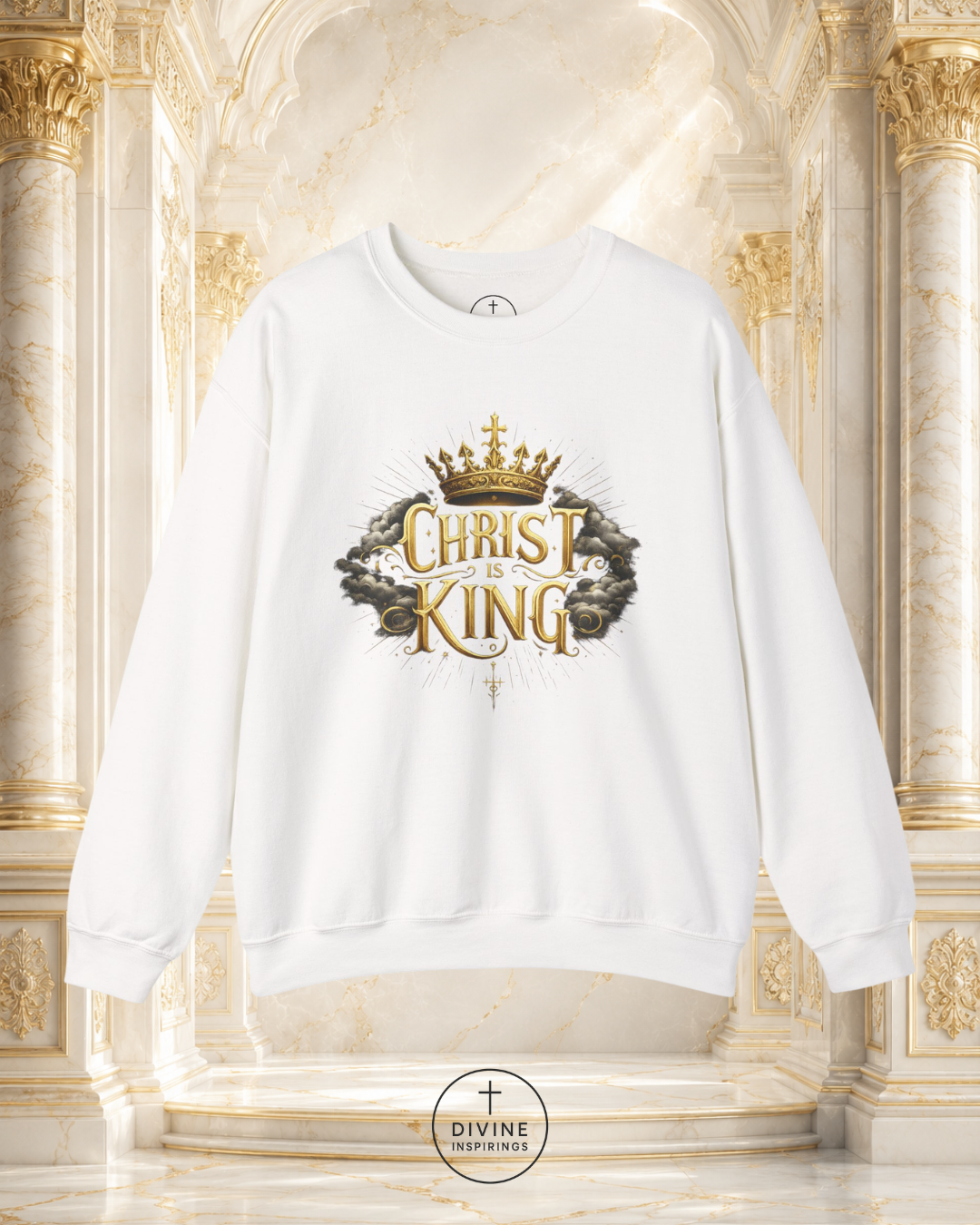 White sweatshirt with 'Christ is King' design on a decorative background