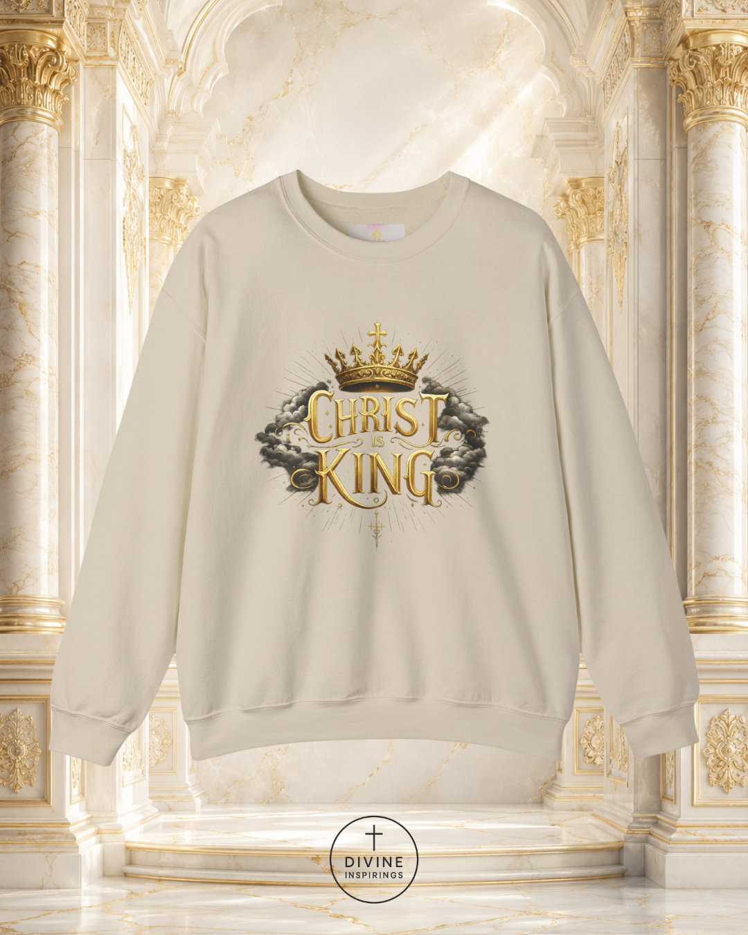 Beige sweatshirt with 'Christ the King' design in gold on a decorative background