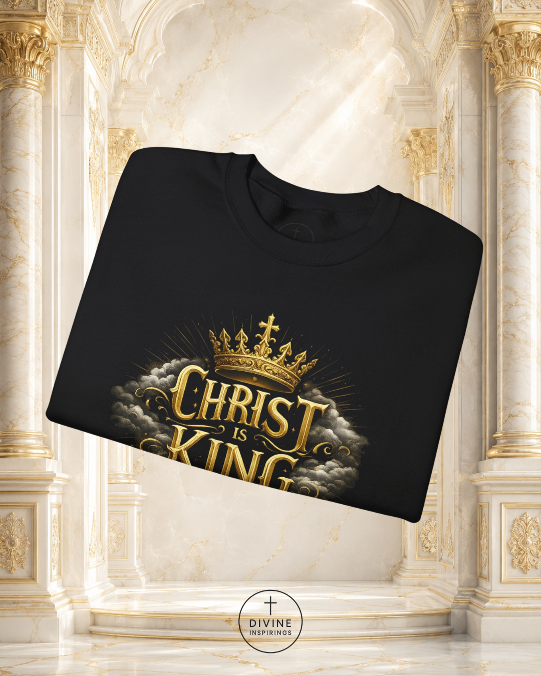 Black sweatshirt with 'Christ is King' design on a decorative background