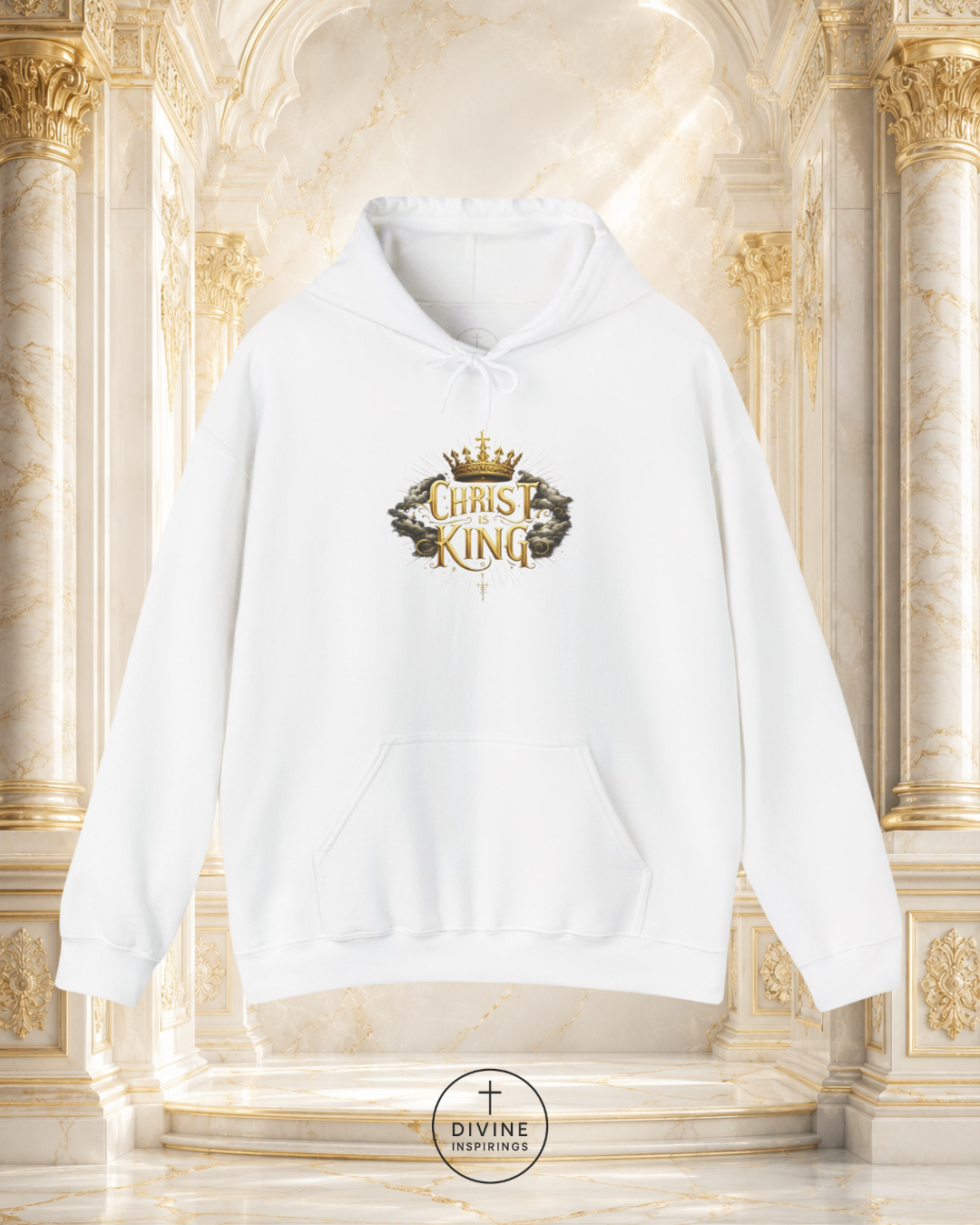 White hoodie with 'King of Christ' design on a decorative background