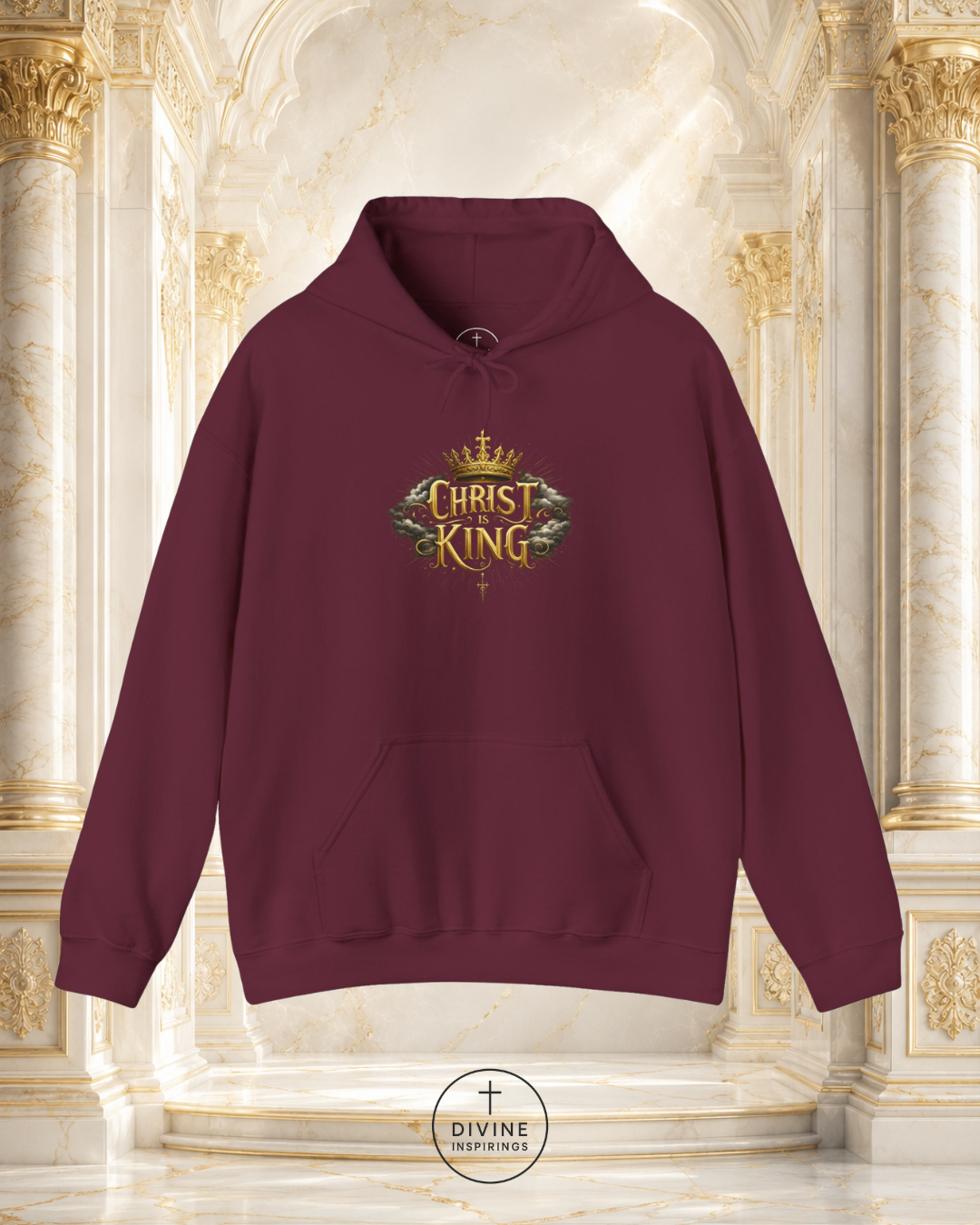 Maroon hoodie with 'Christ King' design on a decorative background