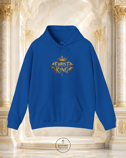 Blue hoodie with 'Christ King' design on a decorative background