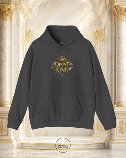 Dark gray hoodie with 'Christ King' text on a decorative background