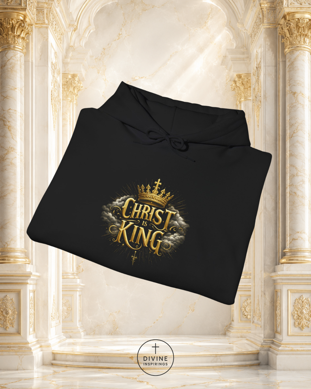 Black hoodie with 'Christ is the King' design on a marble background