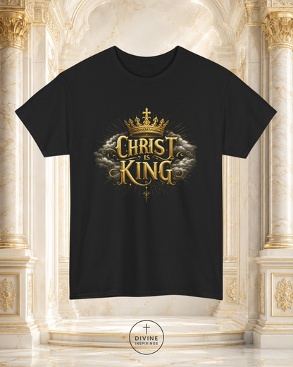 Black t-shirt with 'Christ is King' design on a decorative background