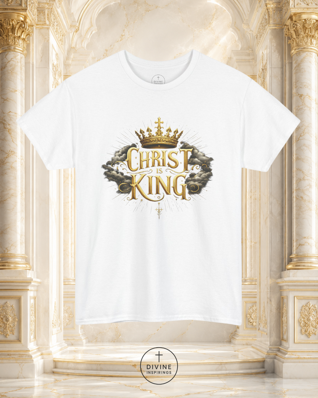 White t-shirt with 'Christ is King' design on a decorative background
