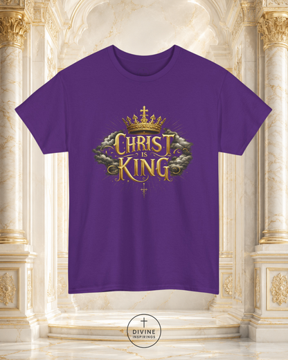 Blue t-shirt with 'Christ is King' design on a decorative background