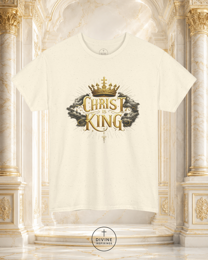 White t-shirt with 'Christ King' design on a marble background
