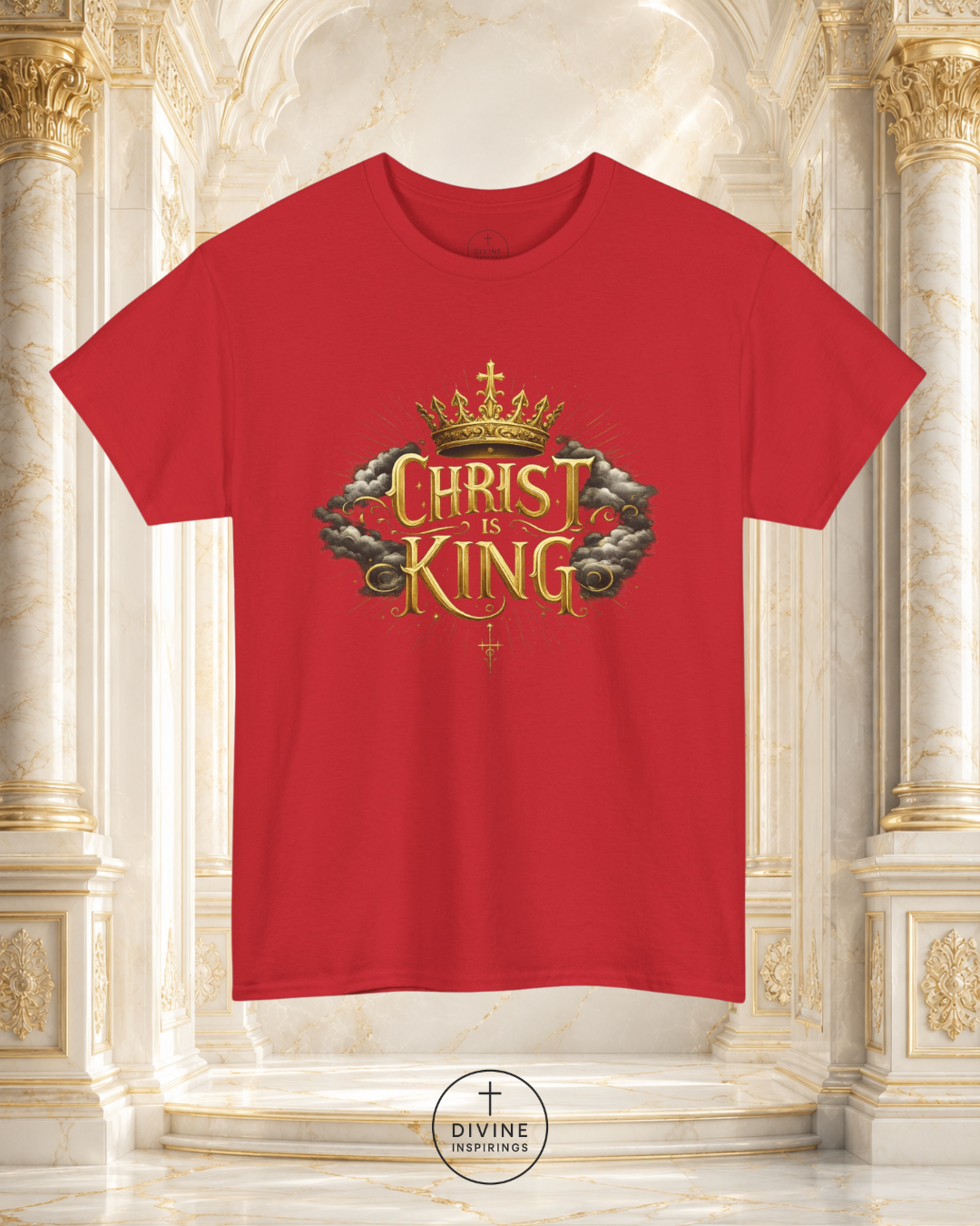 Red t-shirt with 'Christ is King' design on a decorative background