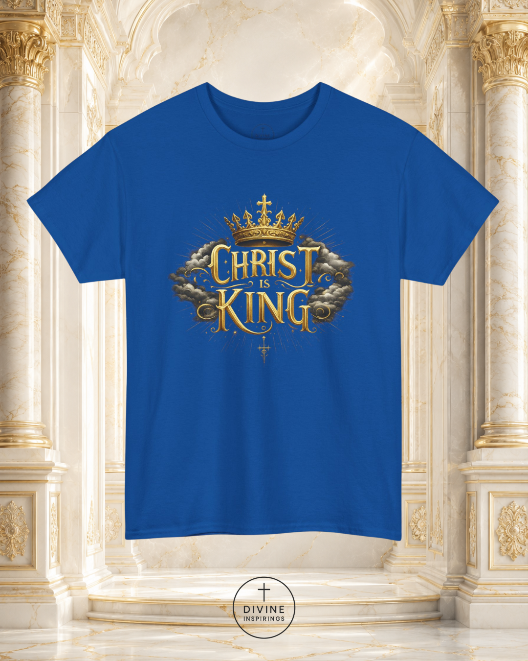Blue t-shirt with 'Christ is King' design on a decorative background