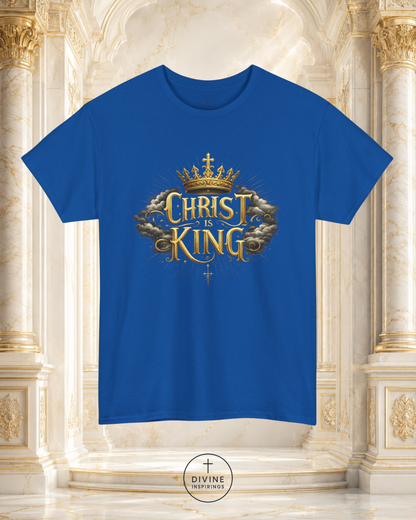 Blue t-shirt with 'Christ is King' design on a decorative background