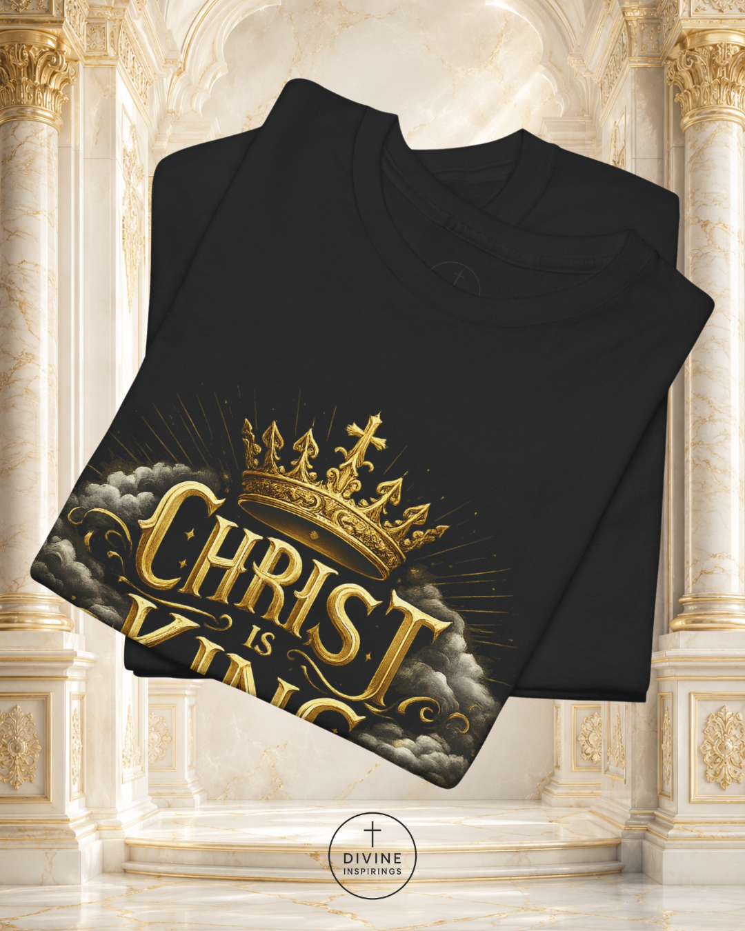 Black sweatshirt with gold 'Christ is King' design on a decorative background