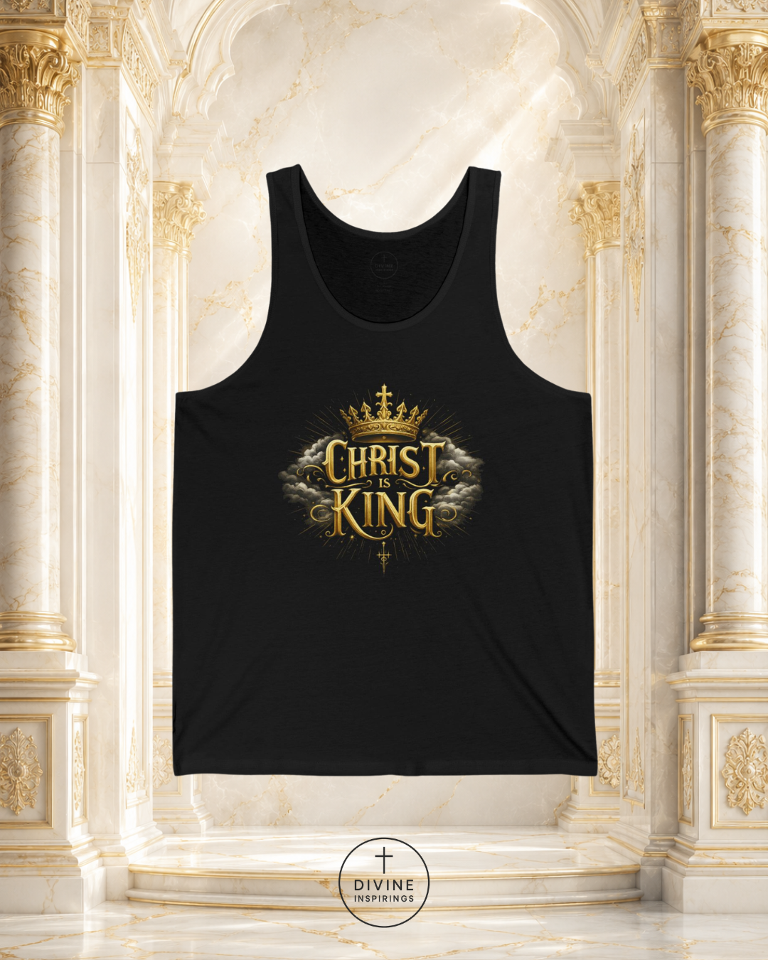 Black tank top with 'Christ King' design on a decorative marble wall background