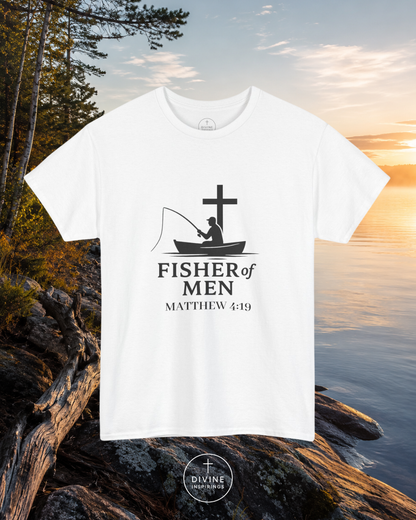 White t-shirt with 'Fisher of Men' design on a scenic background