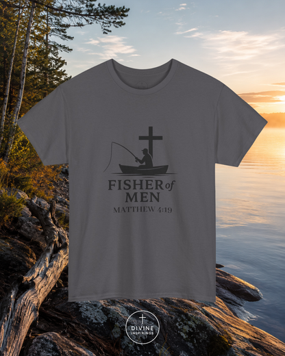Gray t-shirt with 'Fisher of Men' design by a lake at sunset