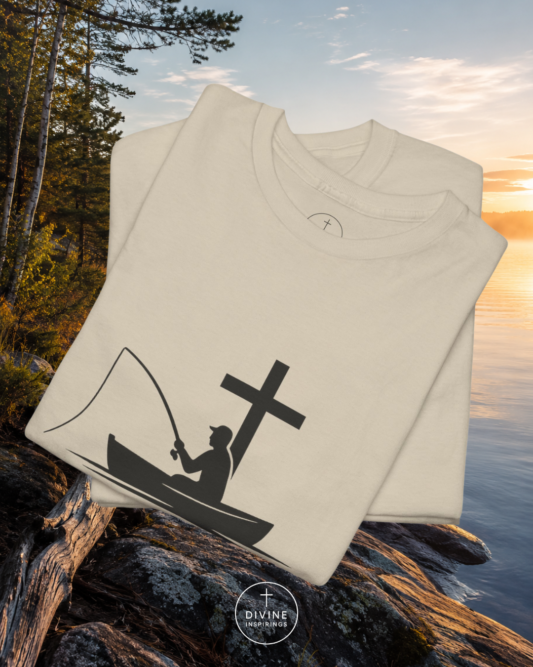 Folded shirt with a fishing and cross design on a natural background