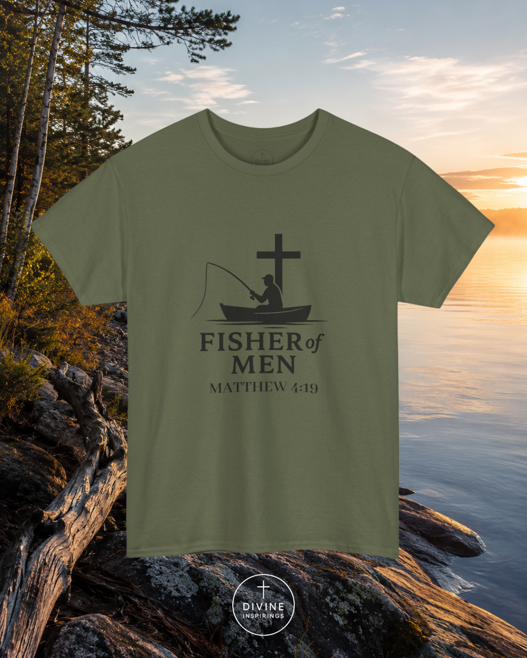 Green t-shirt with fishing graphic and 'Fisher of Men' text by a lake at sunset