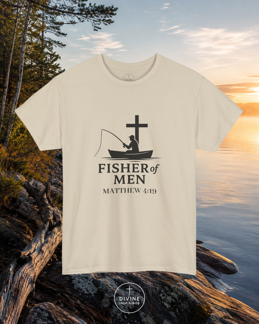 T-shirt with 'Fisher of Men' design by a lake
