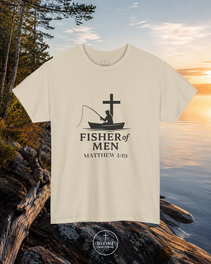 T-shirt with 'Fisher of Men' design by a lake