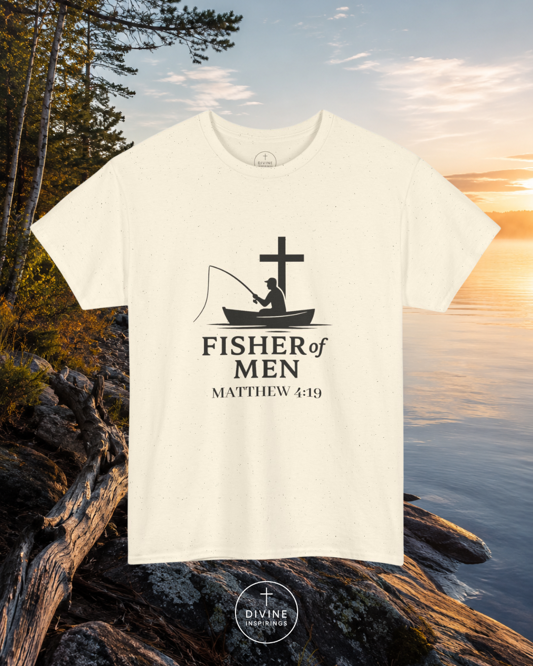 White t-shirt with 'Fisher of Men' design on a natural background