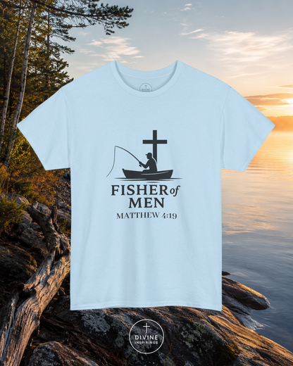 Light blue t-shirt with 'Fisher of Men' design on a natural background