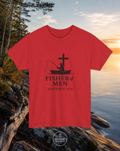 Red t-shirt with a black graphic and text 'Fisher of Men Matthew 4:19' on rocks by a lake.
