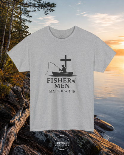 Gray t-shirt with 'Fisher of Men' design by a lake at sunset