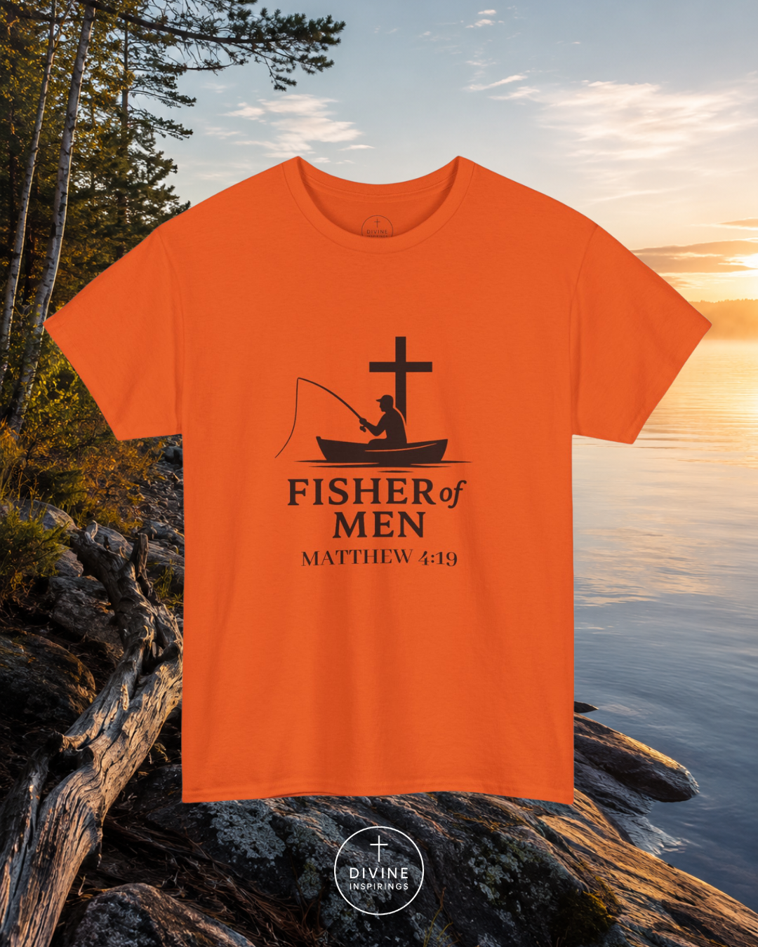 Orange t-shirt with a fishing graphic and 'Fisher of Men' text on rocks by a lake.