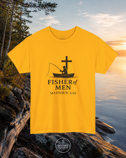 Yellow t-shirt with 'Fisher of Men' design on rocks by a lake