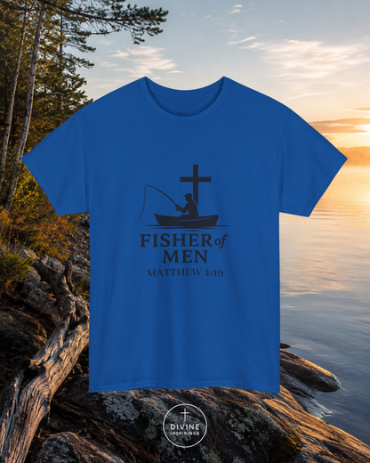 Blue t-shirt with 'Fisher of Men' design on a natural background