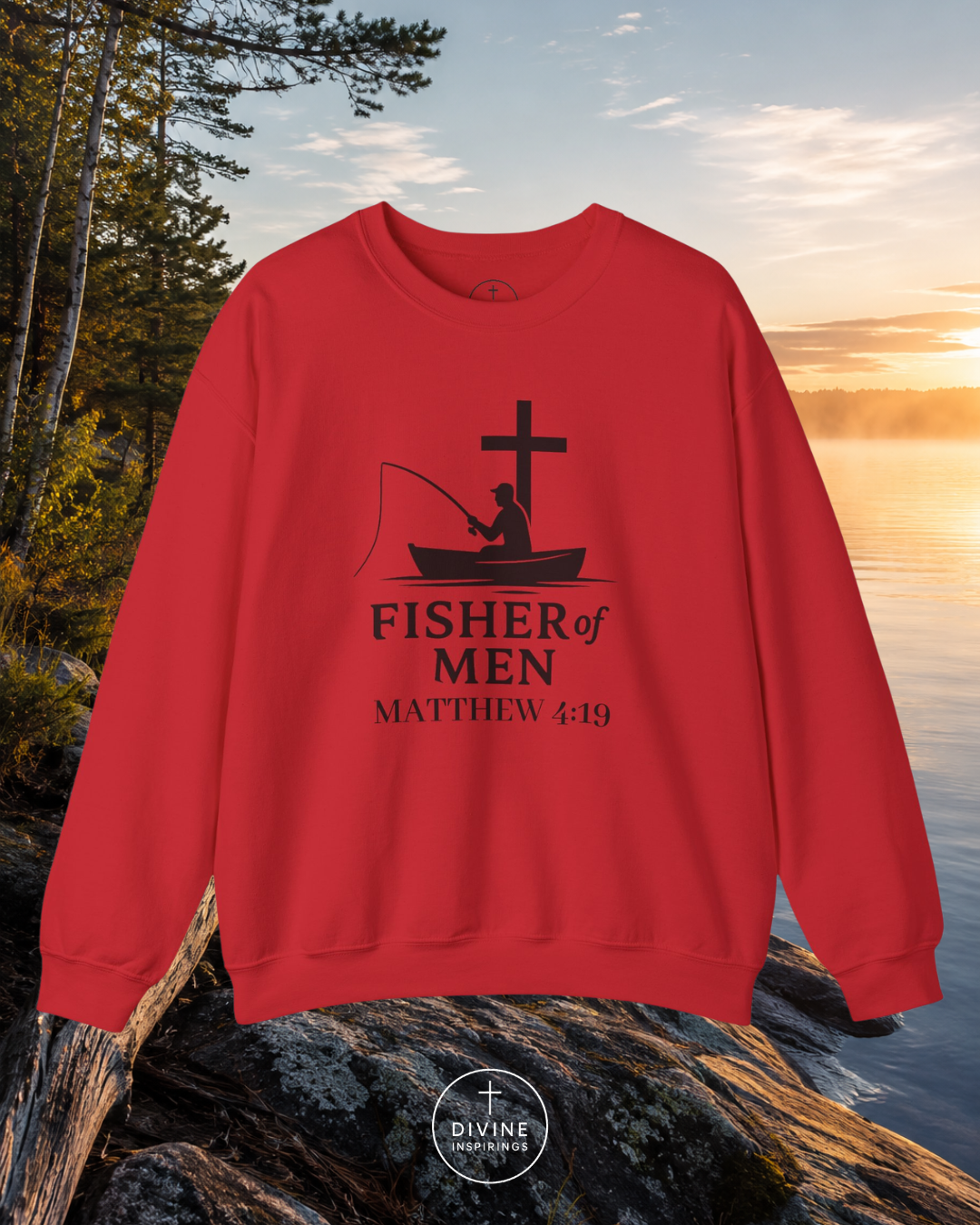 Red sweatshirt with 'Fisher of Men' design on a natural background