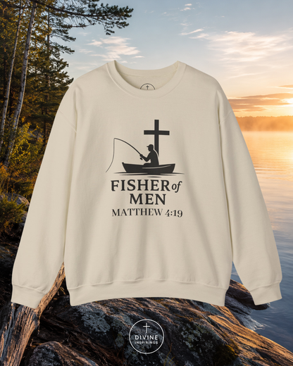 Beige sweatshirt with 'Fisher of Men' design on a natural background