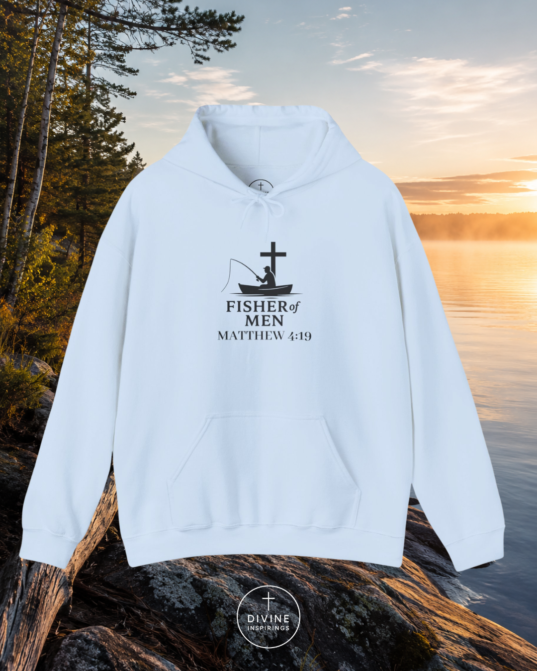 White hoodie with a fishing graphic and text on a natural background