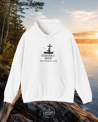 White hoodie with a fishing graphic and text on a natural background