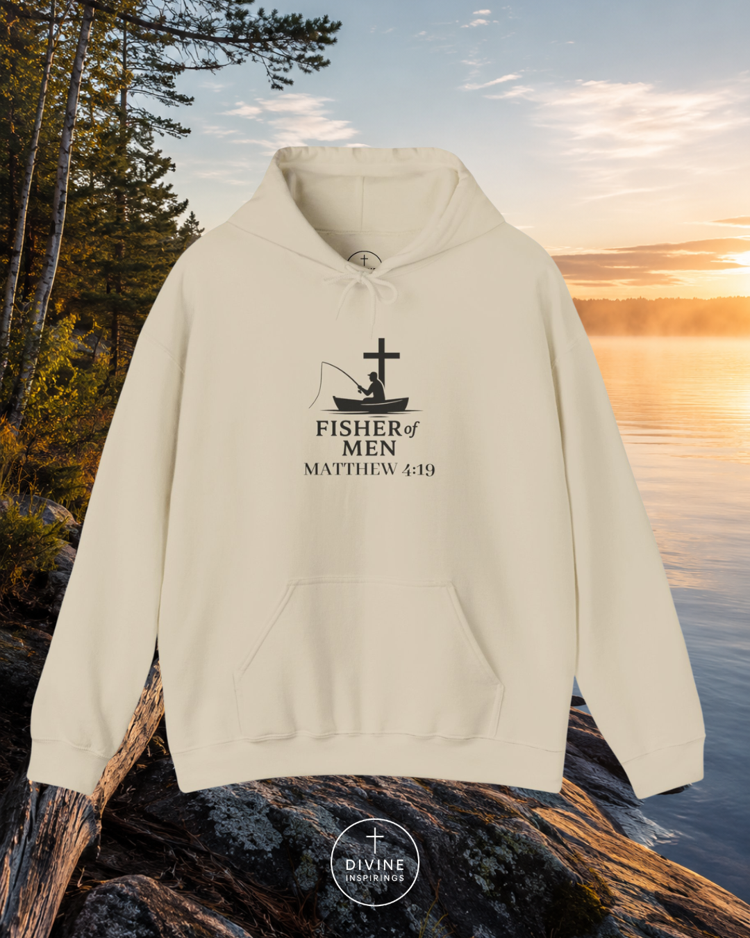 Beige hoodie with a graphic design and text on a natural background