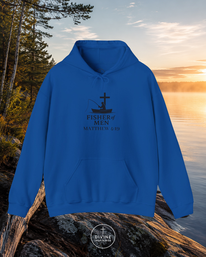 Blue hoodie with a graphic design and text on a natural background