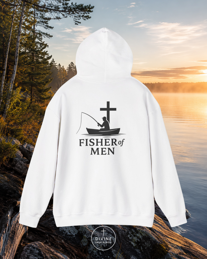 White hoodie with 'Fisher of Men' design on a scenic background