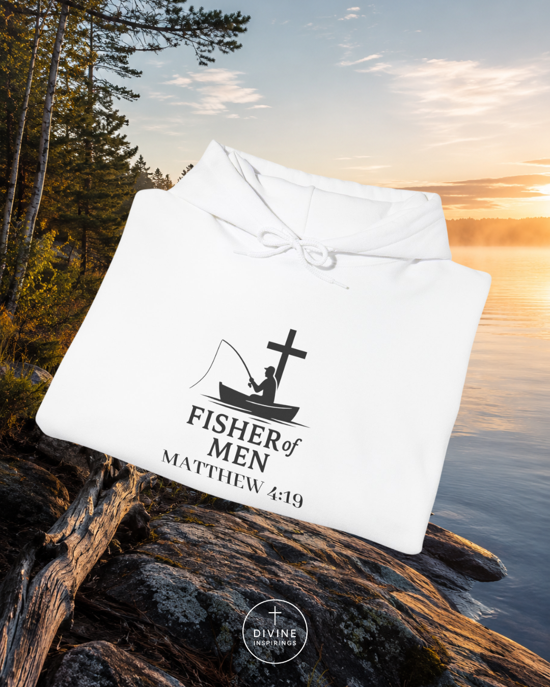 White shirt with 'Fisher of Men' design on a rock by a lake with sunset