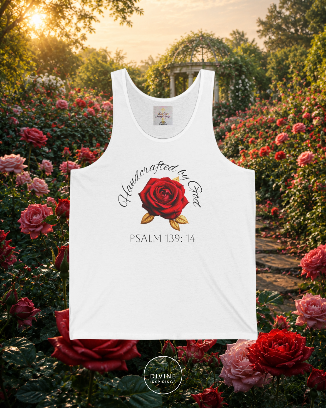 White tank top with a red rose design and text in a garden setting