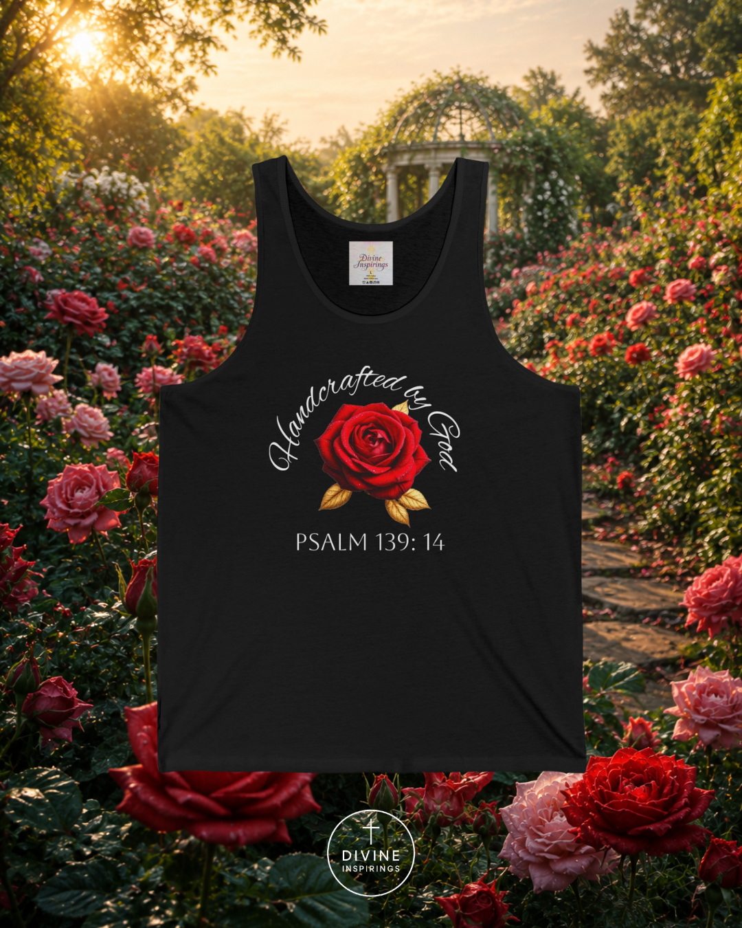 Black tank top with red rose design and 'Gardened for Ever' text in a garden setting