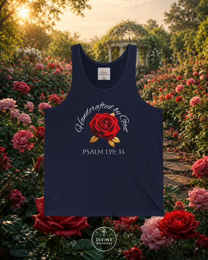 Navy tank top with red rose design and text in a garden setting