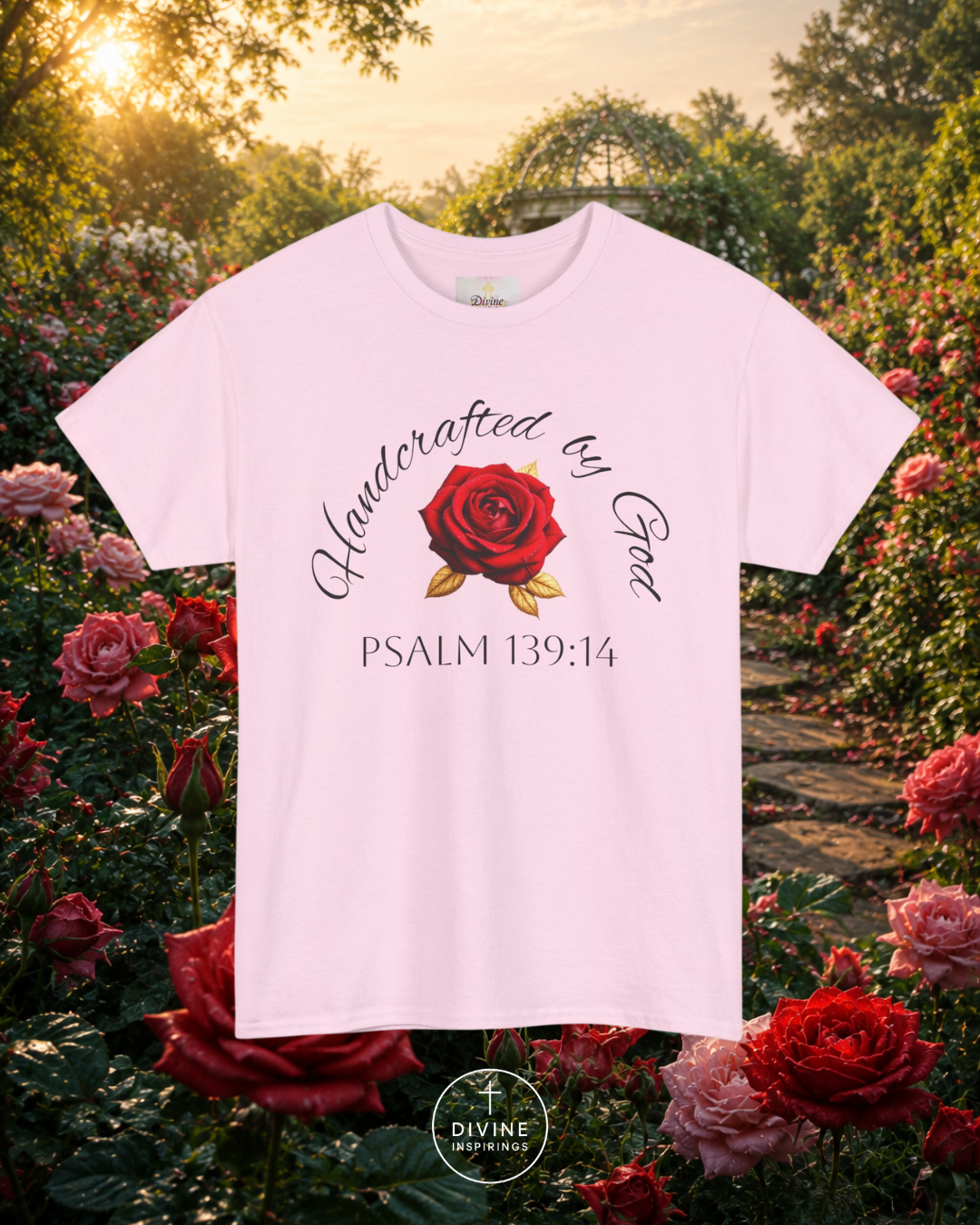 White t-shirt with red rose graphic and text in a garden setting