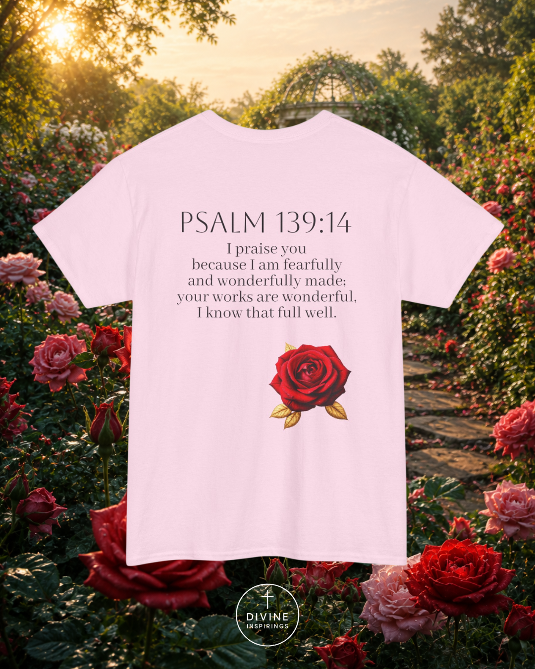 White t-shirt with Psalm 139:14 text and red rose graphic in a garden setting