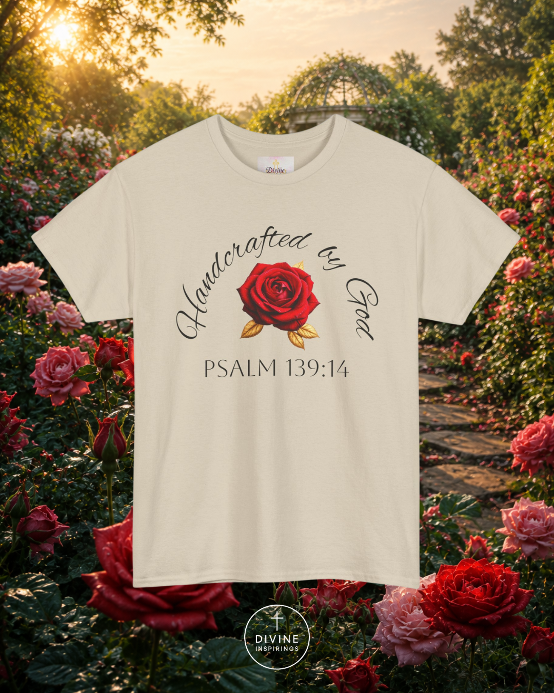 White t-shirt with red rose graphic and text in a garden setting