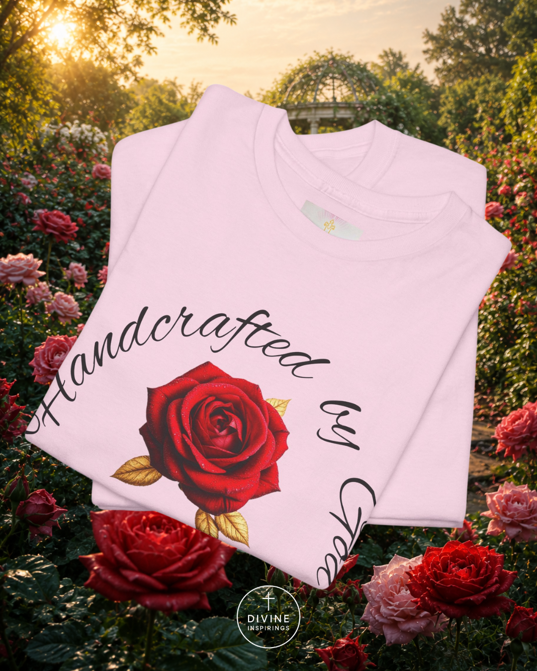 Folded white shirt with red rose and 'Handcrafted by Love' text in a garden setting
