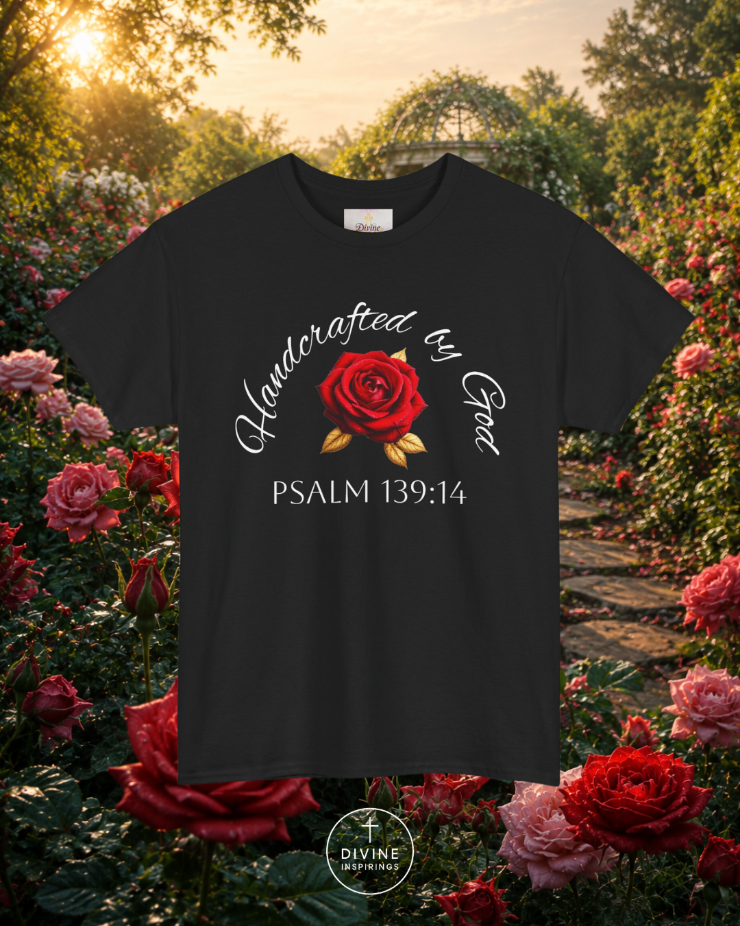 Black t-shirt with red rose design and text in a garden setting