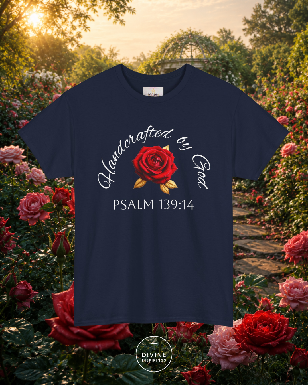 Navy blue t-shirt with red rose graphic and 'Handcrafted by God' text in a garden setting