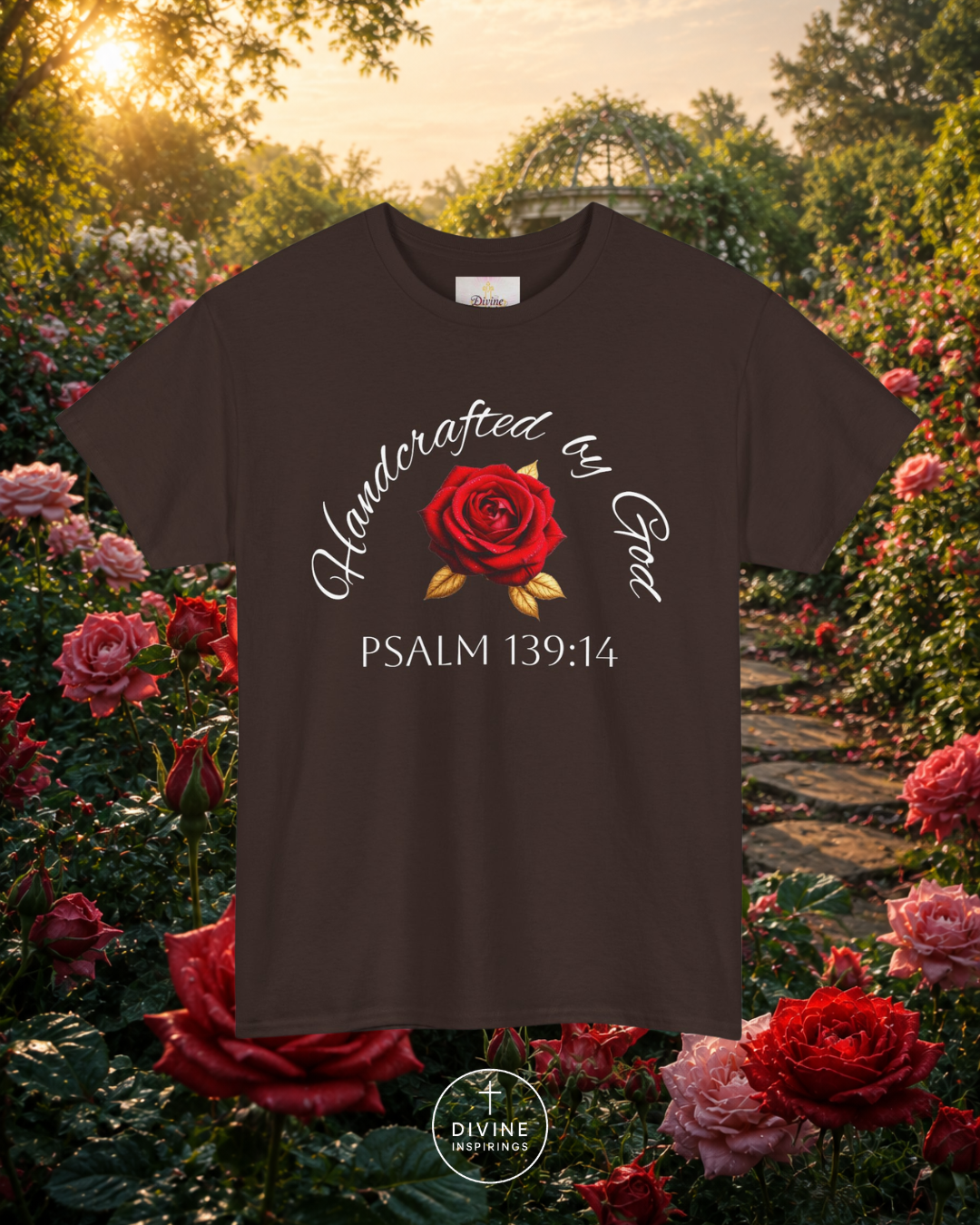 Brown t-shirt with red rose graphic and 'Handcrafted by God' text in a garden setting