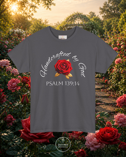 Gray t-shirt with a red rose design and text in a garden setting